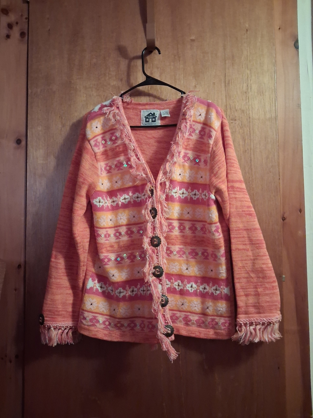 Storybook Knits Salmon Pink Fringe Cardigan with Patterned Stripes